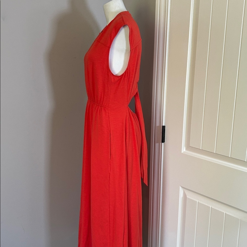 ME+EM Red Cut Out Back Midi Dress Organic Cotton Pockets Tie Back Sz 8 - Picture 7 of 16